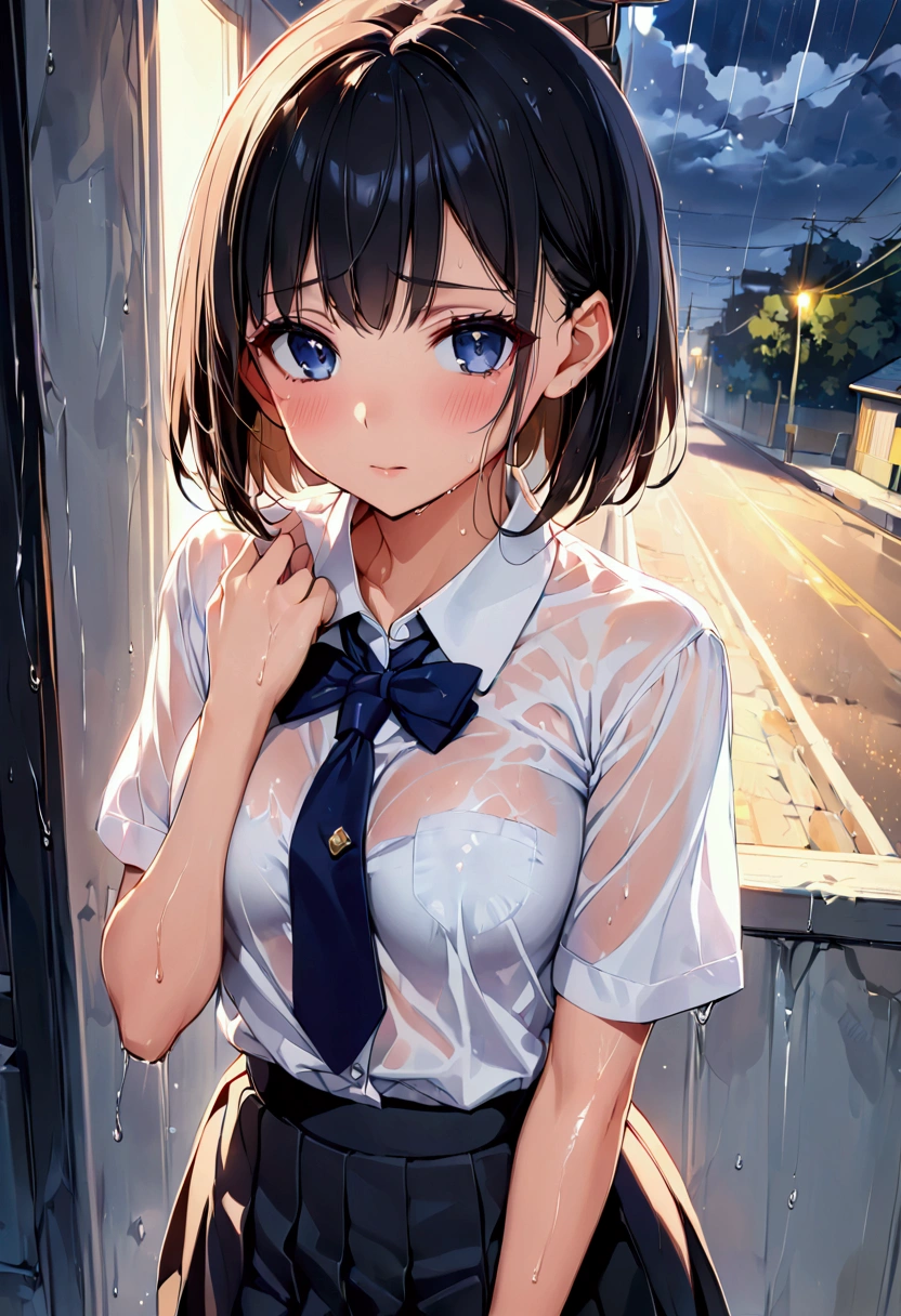 高いquality illustration, masterpiece, Very delicate and beautiful, Slender body, Anime Style, Beautiful Eyes, masterpiece, Highest quality, High resolution, Very detailed, Perfect lighting、Very young、1 female、Blushing、high school girl、uniform、see through、Wet、Bobcut、Black Hair、it&#39;s raining、Her underwear is visible