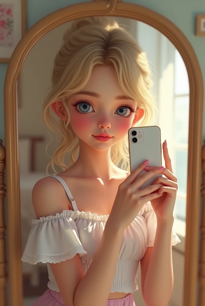 Teenage girl in front of a mirror with an iPhone who takes a photo with French features, Peau blanche avec des taches de rousseur sur le visage, Brown and wavy hair. Avec des yeux d&#39;un bleu profond.,8k.Tout le corps. jupe  debout  (A hyper realistic) (film) (8k)