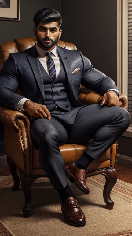 arafed indian man with his perfect big monster penis is coming out from pant in a suit and textured socks sitting on a chair, black socks, dapper, detailed shot spread legs-up, professional foot photography, grey pants and black dress pointed laces buckle shoes, stunning visual, profile image, solids, in style of ultra realistic, close-up on spread legs, detailed style, functional and elegant look, in style of realistic, striped, crisp details