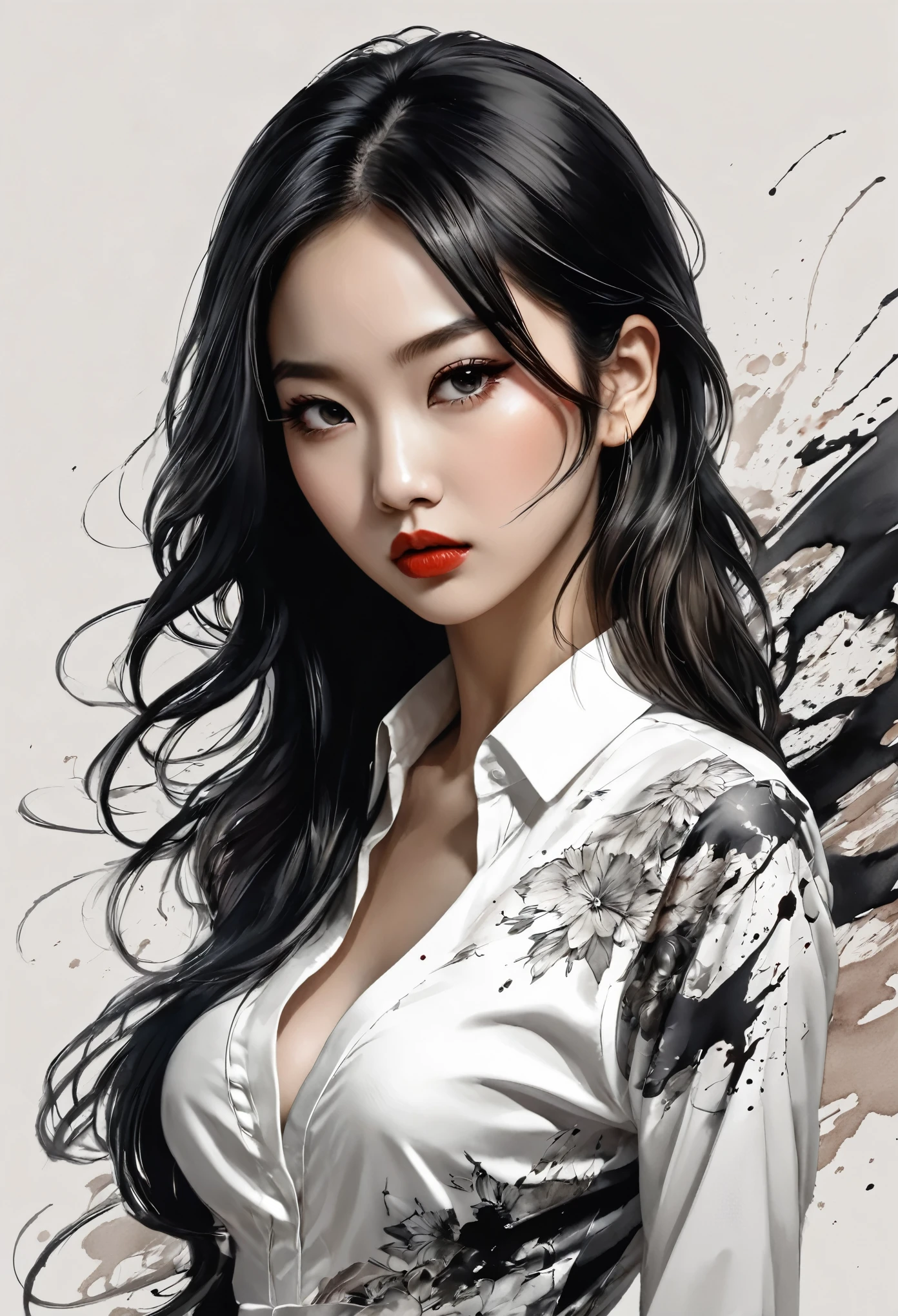 uma linda mulher jovem chinesa  elegante inking，exaggerated expression，人物，inking，Bloodstain，Line contour，inking stain，Bloodstains de inking escorrendo, elegant and delicate work of art