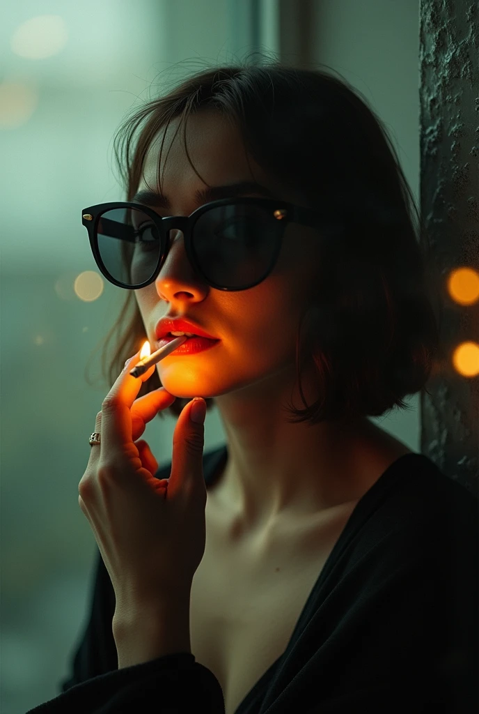 a side profile portrait of a beautiful young lady exhaling thick creamy smoke from her open mouth, smoke drifts in the cool futuristic night light. She has thick long black hair and she is wearing dark Ray-ban sunglasses. Taken by professional photographer using a canon 5D mark 3. Extremely detailed and colourful --ar 2:3 --v 6.0 --style raw --s 750