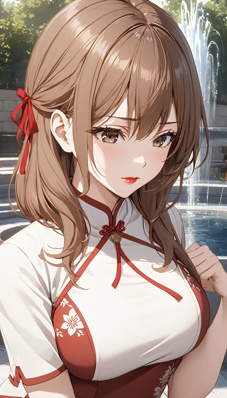 Detailed work, best quality, ความคมชัดระดับ Full Ultra HD, 1920p resolution, Realistic light and shadow, Gradient, anime, background, fountain, จากซีรีย์ Alya Sometimes Hides Her Feelings In Russian, Maria Kujou, brown eyes, ตาแบบanime, Black Eyes, long brown hair, Attach a red ribbon, Big breasts., Wearing a white Chinese cheongsam, shy expression, red lips