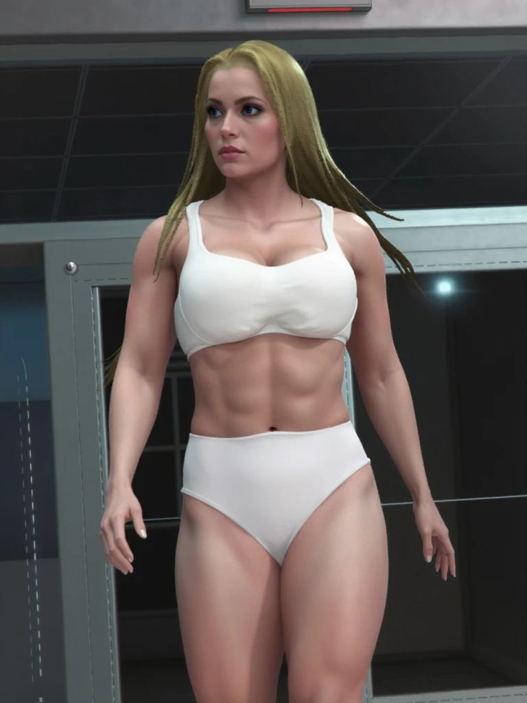 ((masterpiece, best quality)), (((Curvy))), ((Ronda Rousey)), in teal bra, ((teal high cut panties)), (((Large Hips))), (Standing in a wrestling arena), (stern expression), ((((closed mouth)))), (((realistic art style)))