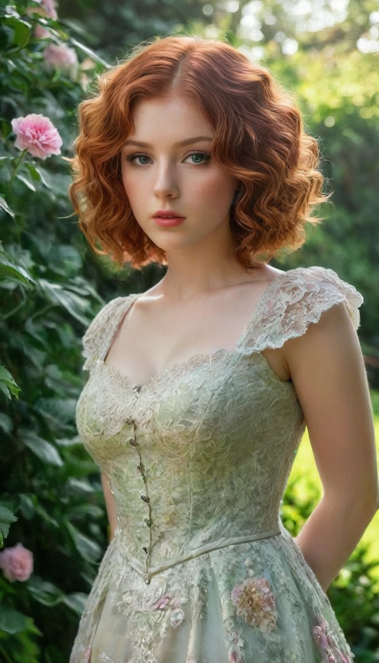 a beautiful young red-haired girl with short curly hair, intricate detailed facial features, piercing eyes, delicate pink lips, intricate makeup, wearing an ornate Victorian-style dress, standing in a lush, overgrown garden with colorful flowers, sunlight filtering through the trees, cinematic lighting, dramatic shadows, highly detailed, 8k, photorealistic, portrait, digital painting