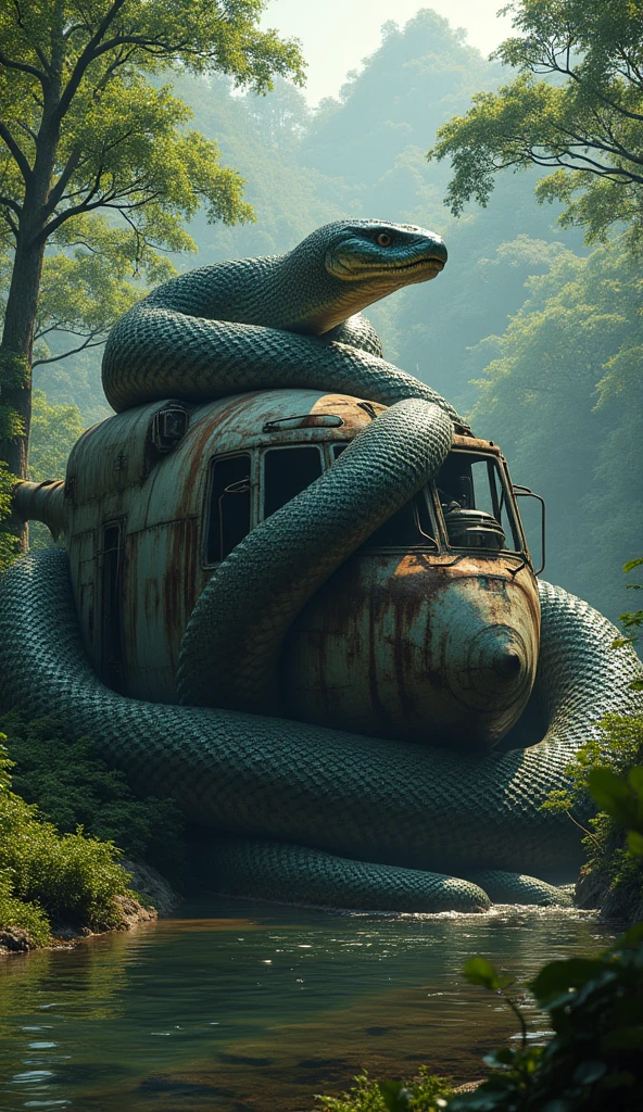  Ul a giant white python creeps along the fuselage of an old derelict transport aircraft, where part of its wing broke off and sank in a swamp 