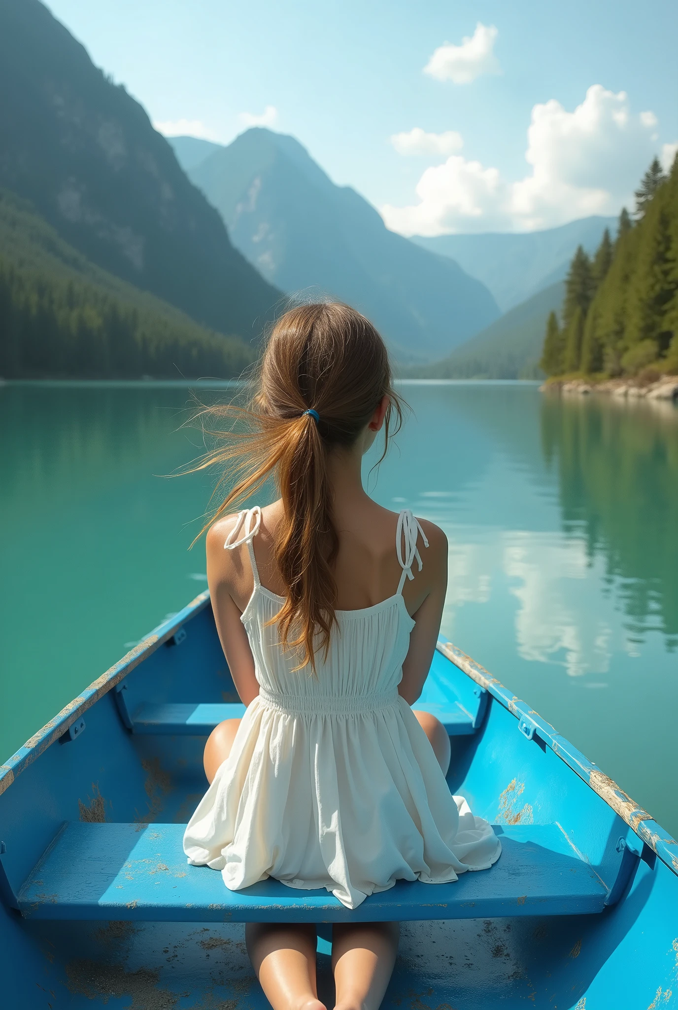 A sunny day at waterfall, a blonde girl with curly locks and bright blue eyes sits precariously on the edge of a small wooden boat, her red sundress fluttering in the gentle breeze as she gazes out at the endless horizon, the warm golden light of late afternoon casting a flattering glow over her sun-kissed skin.