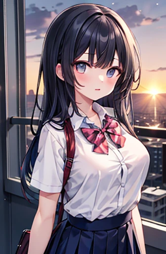 {masterpiece}, {Highest quality},1 girl,School_uniform,sunset,Large Breasts