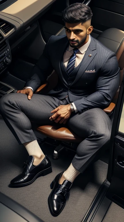 From above view, arafed indian man with his perfect big monster penis is coming out from pant in a suit and striped socks sitting on a chair, black socks, dapper, detailed shot spread legs-up, professional foot photography, grey pants and black dress pointed buckle shoes, stunning visual, profile image, solids, in style of ultra realistic, close-up on spread legs, detailed style, functional and elegant look, in style of realistic, striped, crisp details