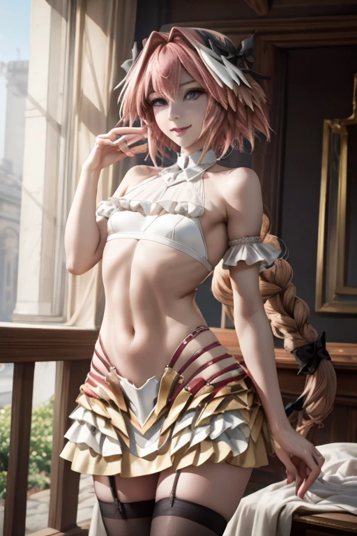 ((masterpiece)), ((best quality)), (detailed), astolfo, Beautiful, Beautifu and slim perfect body, slim body, really female, slim female body, female, very innocent smile, innocent smile, femboy, boy, bright pink hair, spiky hair, short hair, a long braid, lock of white hair on left side, perfect, solo, gorgeous femenine person, wedding dress, mini dress, micro skirt, mini skirt, bridal veil on the head, small bulge, luscious lips, long hair, sexy,