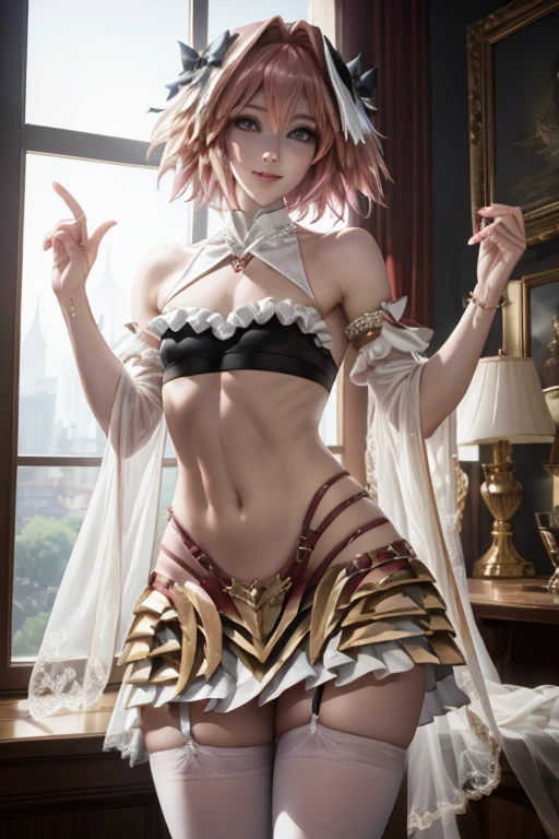 ((masterpiece)), ((best quality)), (detailed), astolfo, Beautiful, Beautifu and slim perfect body, slim body, really female, slim female body, female, very innocent smile, innocent smile, femboy, boy, bright pink hair, spiky hair, short hair, a long braid, lock of white hair on left side, perfect, solo, gorgeous femenine person, wedding dress, mini dress, micro skirt, mini skirt, bridal veil on the head, small bulge, luscious lips, long hair, sexy,