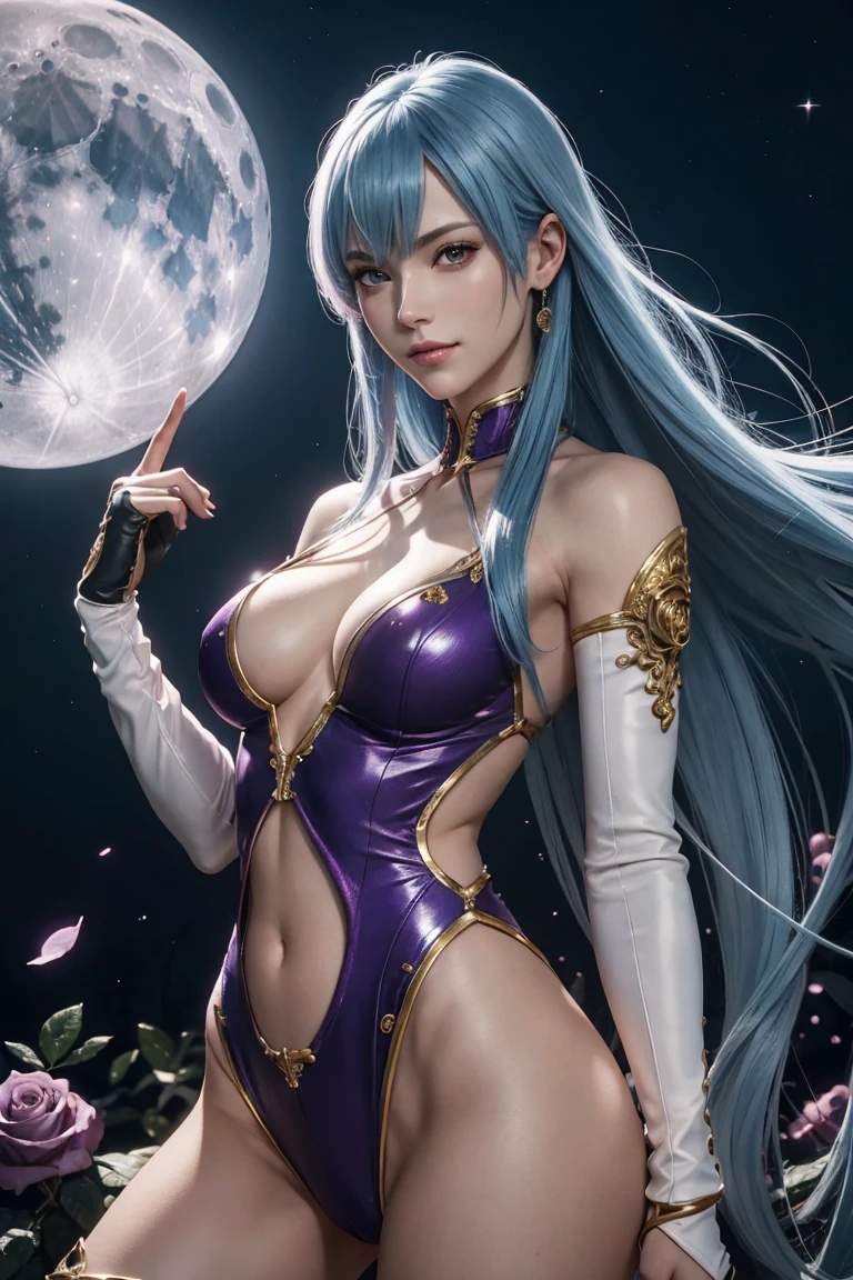 KOF,King of Fighters,Cooler･diamond,woman,Red Eyes,Light Blue Hair,long hair,Trim your bangs,Purple Bike Suit,Beautiful white skin,Photorealistic,Ultra HD,high quality,masterpiece,Digital SLR,Detailed details,Intricate details,Anatomical basis,Depicted in detail,A detailed face,Realistic skin texture,Vivid details,Perfect Anatomy,Perfect Anatomy,Anatomically correct hand,Anatomically correct fingers,Super Detail,Complex 3D rendering,Sexy pose,Fantasy worldview,Beautiful pale full moon,,Beautiful night sky,The petals of the ice rose flutter,Picturesque,Pink Lips,smile,