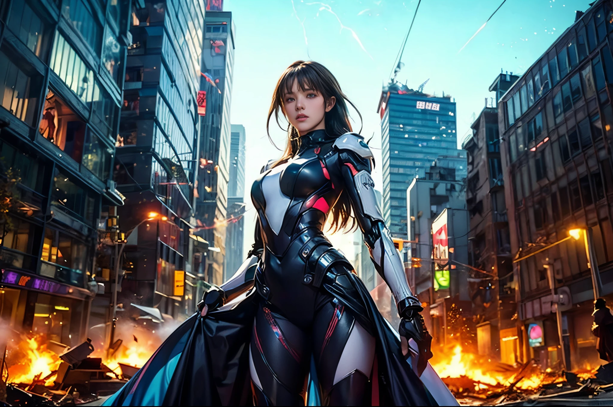 (Highest quality、4K、8k、High resolution、masterpiece: 1.2)、Very detailed、(Genuine、photoGenuineistic、photoGenuineistic: 1.37)、Destruction of a Great City、(A woman with telekinetic powers stands in front of a mecha operated by the invaders:1.37) 、(Women are young and beautiful:1、Unparalleled beauty:1.5)、Inserting mental barriers to resist robot attacks、Bustling city、Bright colors、Shining skyscrapers、Busy Street、Futuristic architecture and technology、Advanced holographic displays、Neon light splashes 、Dramatic lighting、Strong Shadows、The awe-inspiring power of women、There was determination in his eyes、Elegant flowing gown、Dynamic action in the wind、Stretch your arms out and lunge towards the robot.、A powerful energy blasts from the hands.、blue shining aura、sparks of electricity、Electricity crackling in the air、The vortex of energy surrounding women、A fascinating and surGenuine atmosphere、A sense of danger and impending doom、Background chaos and destruction、Crumbling Building、flying debris、Smoke and flames、 The contrast between beauty and destruction、The battle between technology and the extraordinary power of young women。