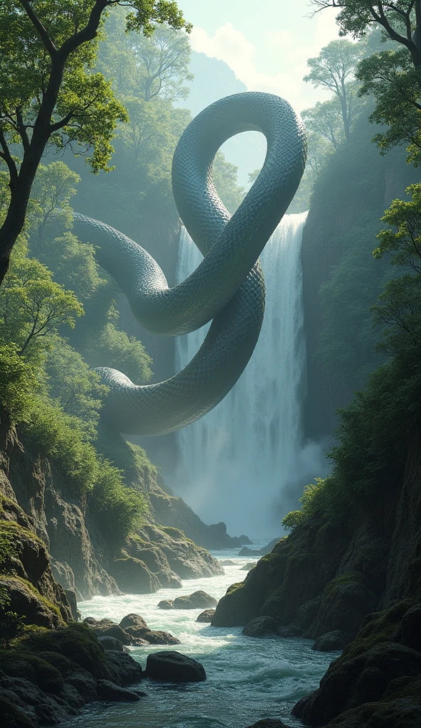 masterpiece, Highest quality, (A snake dragon climbing up a waterfall and reaching for the heavens)、