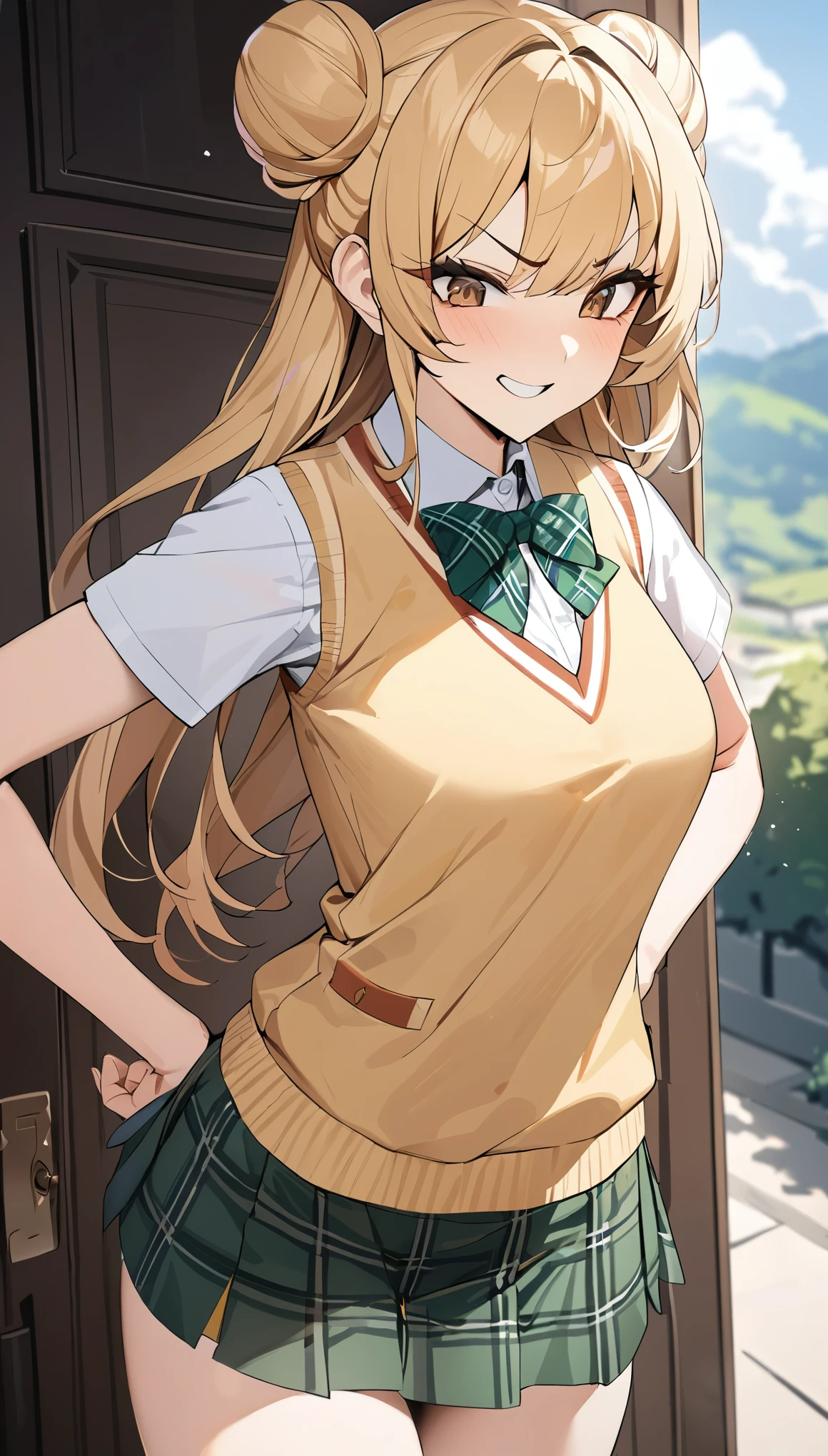 masterpiece, best quality, highres, 1girl, 独奏, long hair, blonde hair, double bun, drill hair, brown eyes, , green bowtie, blazer, yellow jacket, long sleeves, plaid skirt, green skirt, standing,arms hold up, cowboy shot, outdoors, smile,masterpiece, best quality, highres, 1girl, 独奏, long hair, blonde hair, double bun, drill hair, brown eyes, school uniform, green bowtie, white shirt, sweater vest, yellow vest, short sleeves, plaid skirt, green skirt, hands on hips, Outside the door,angry,Angry expression