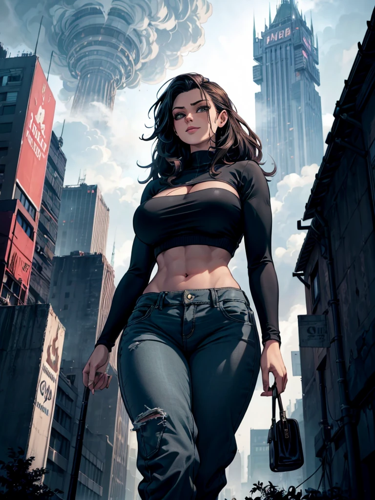 (A hyper-realistic), (illustratio), (hight resolution), (8K), (ighly detailed), (The best illustrations), (beatiful detailed eyes), (top-quality), (ultra-detailliert), (​masterpiece), (detailed face), droopy eyes,full of sweat, full body, whole body, long hair, Girl in black sports bra, smile, smiling, huge tits, big breast, slim body, abs, slim body, city roof top