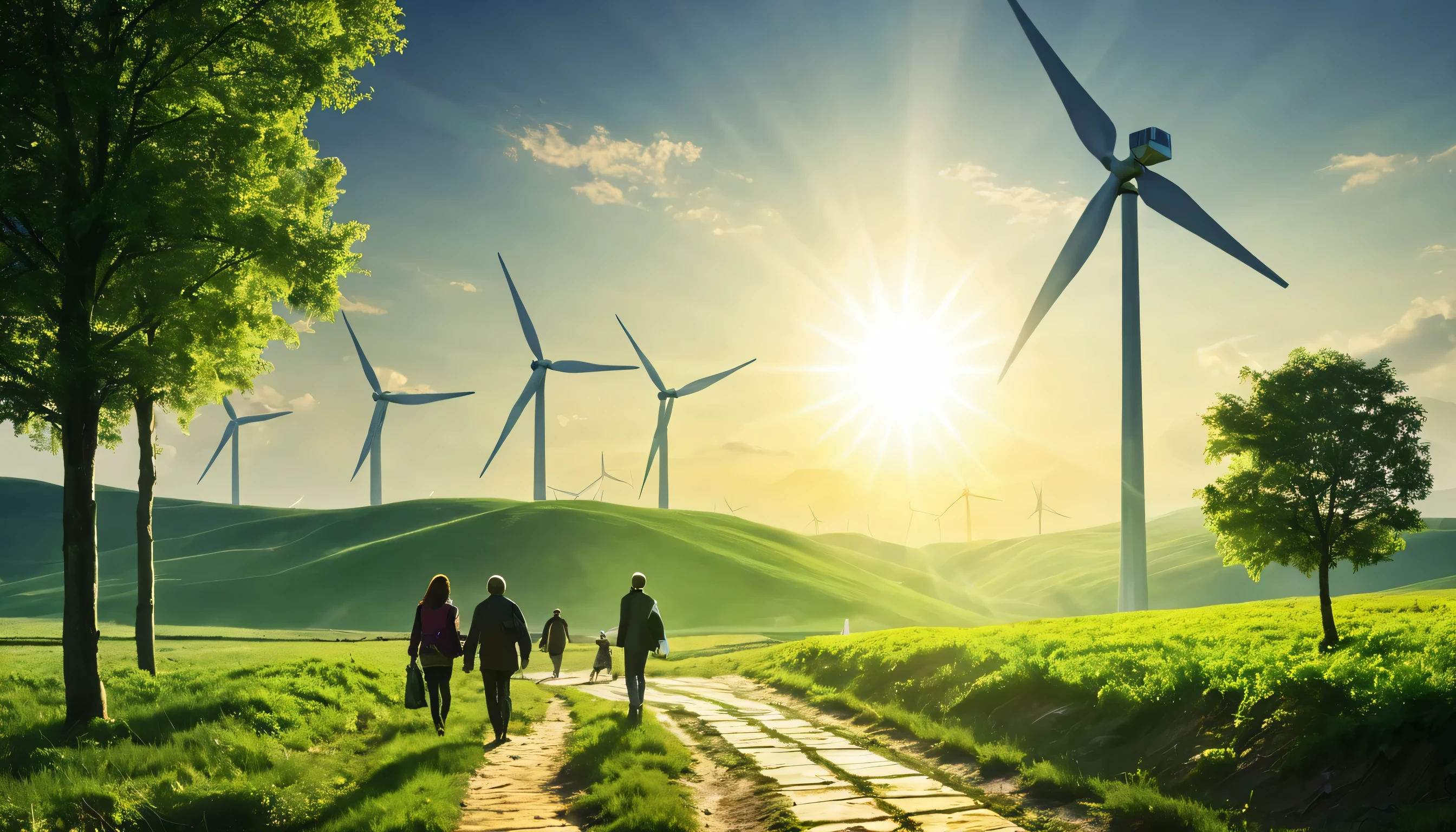 Green Technology,wind energy,Solar,Photovoltaic Technology,future technology,Sci-fi blockbuster,The sun is in the upper right corner,People walking in the middle,high quality,wind energy power generation