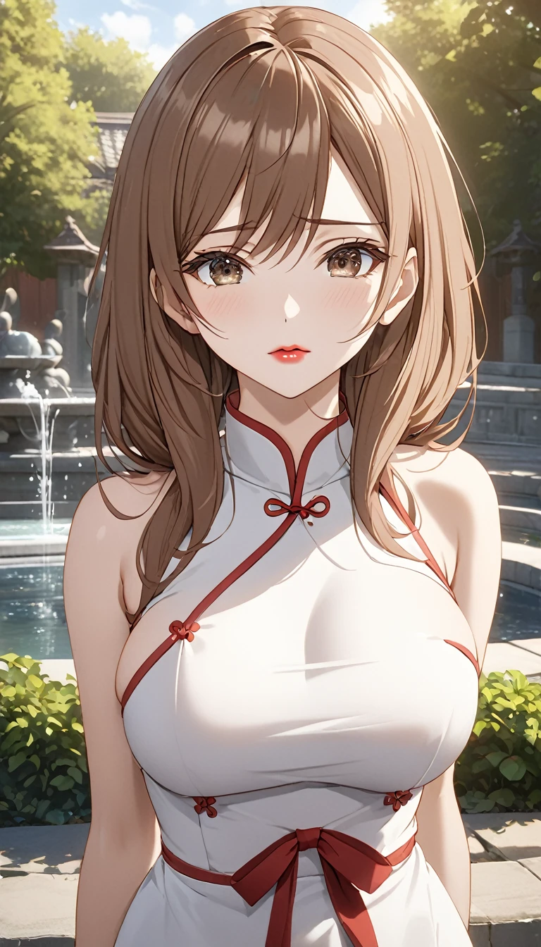 Detailed work, best quality, ความคมชัดระดับ Full Ultra HD, 1920p resolution, Realistic light and shadow, Gradient, anime, background, fountain, จากซีรีย์ Alya Sometimes Hides Her Feelings In Russian, Maria Kujou, brown eyes, ตาแบบanime, Black Eyes, long brown hair, Attach a red ribbon, Big breasts., Wearing a white Chinese cheongsam, shy expression, red lips, Open the dress to show off your breasts, Open chest