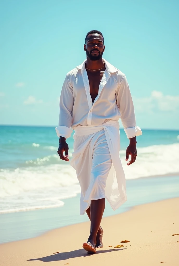 Black man on the beach in transparent white swim trunks