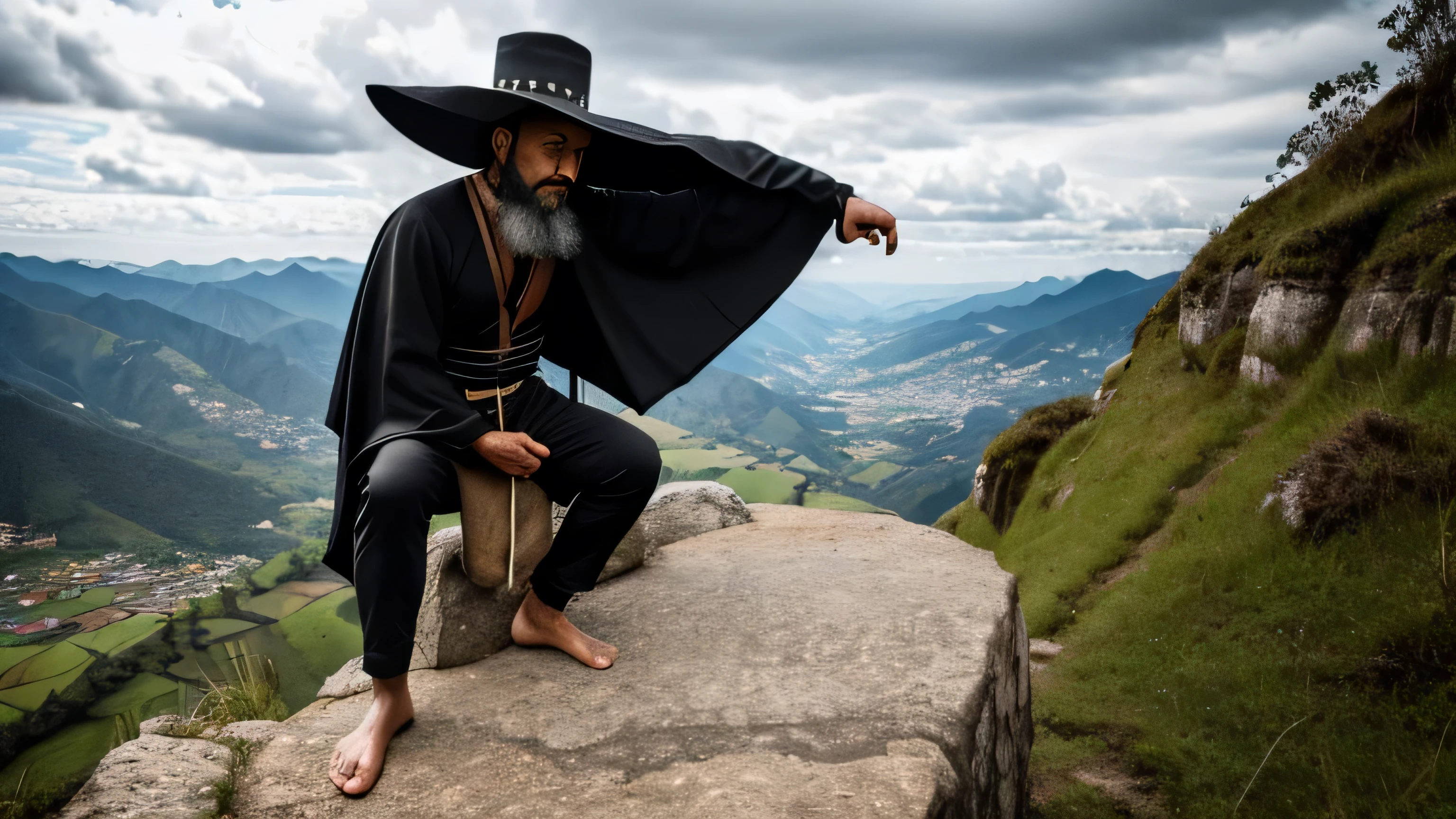 a male shaman, of 1,80 meters tall, 3, sitting on top of a mountain, Overwhelmed by the hustle and bustle of life, but he knows that he has moved forward and spiritual liberation is near., The landscape is on a mountain in Colombia (on america), He wears black pants and a black poncho with a black hat and has red symbols all over his clothes., His eyes are like those of a snake, He also has a beard, but he is bald, He is barefoot, He carries a staff that has a dragon&#39;s head on the top and Nordic runes on the rest of its body.