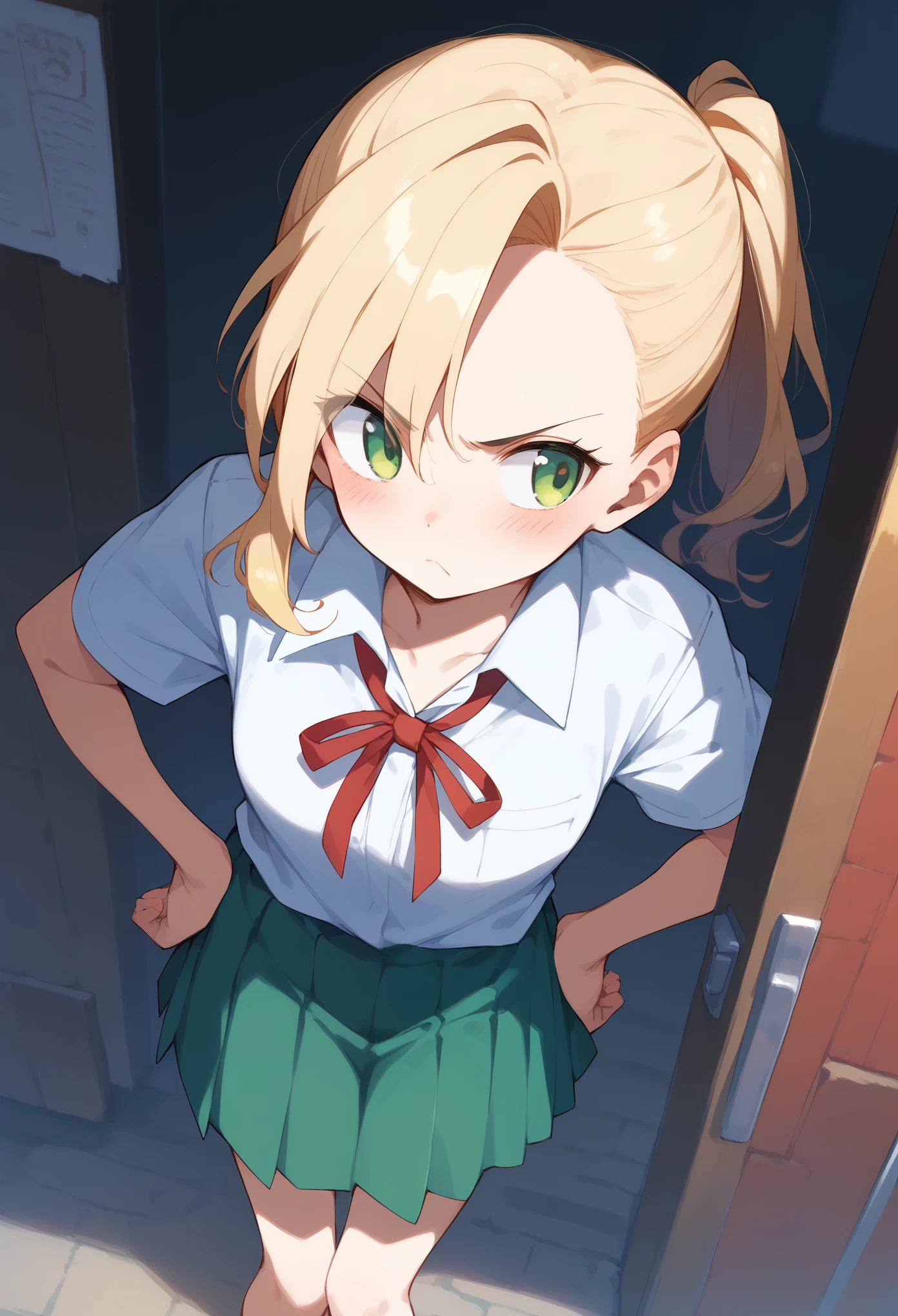 masterpiece, (score_9,score_8_up,score_7_up,score_6_up), 1 girl, green eyes, little sassy, skinny, tsurime, asymmetrical bangs, long hair, (blond hair:1.3), ruffling hair(1.2),pout, (school uniform), (white collared shirt, plain pattern shirt, short sleeves, shirt tucked in:1), (red plain pattern narrow neck ribbon:1.1), bare feet, thigh, teeth, blush, sulking, look away, from above,Akimbo，Stubborn，Angry expression，green skirt, hands on hips, Outside the door