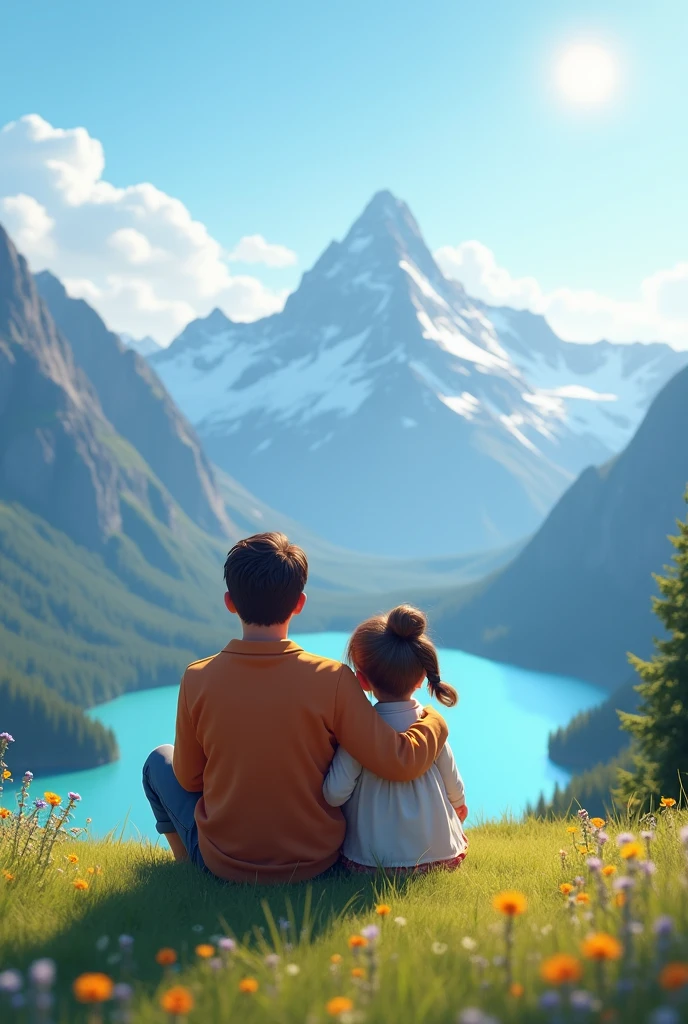 Pearl Tea Man, with short sleeve shirt, sitting on the grass looking at the panorama of snowy mountains and in his arms a girl of approximately one year old, denim blue dress with a bow in her straight light brown hair