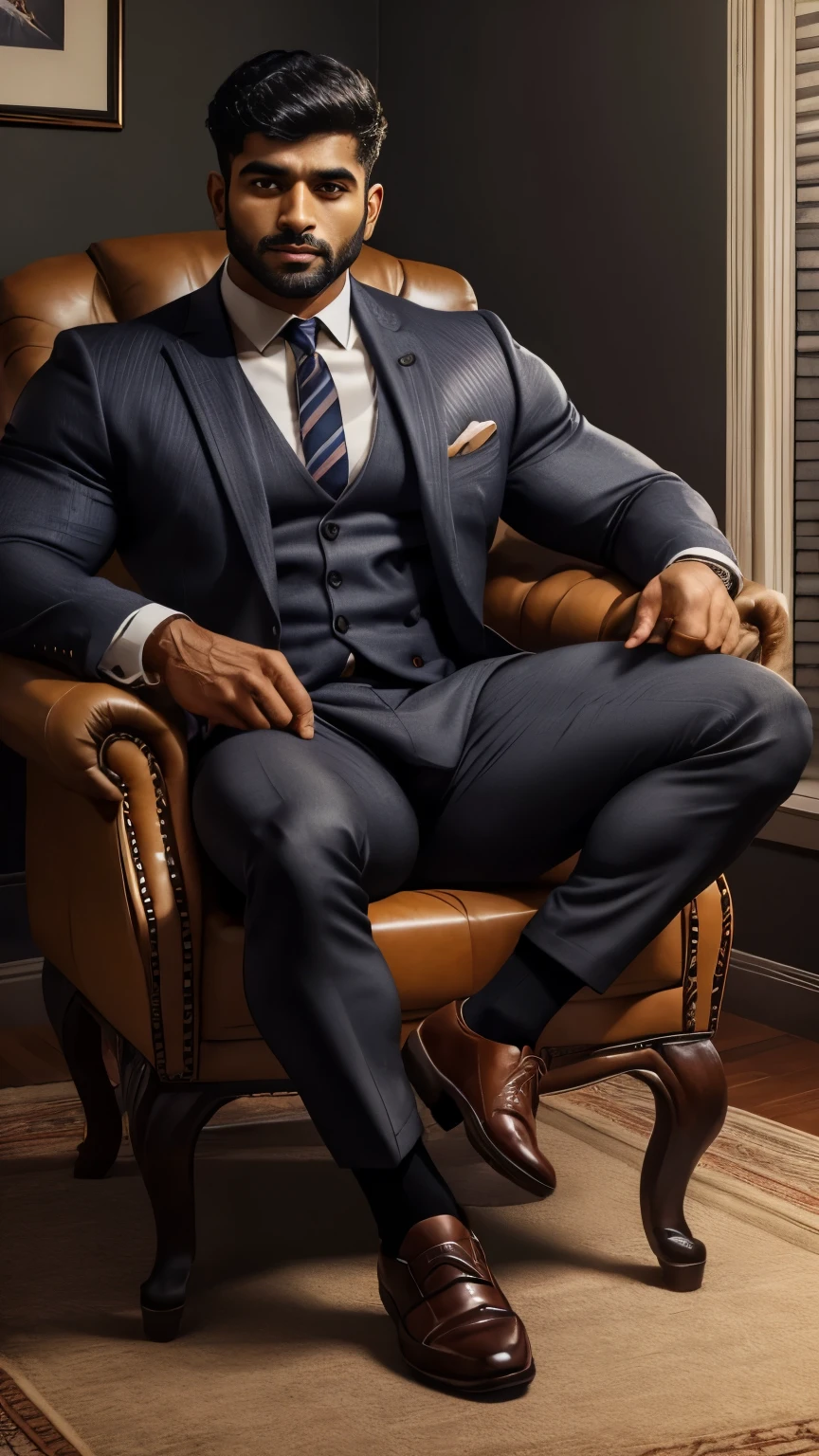 arafed indian man with his perfect big monster penis is coming out from pant in a suit and textured socks sitting on a chair, black socks, dapper, detailed shot spread legs-up, professional foot photography, grey pants and black dress pointed laces buckle shoes, stunning visual, profile image, solids, in style of ultra realistic, close-up on spread legs, detailed style, functional and elegant look, in style of realistic, striped, crisp details