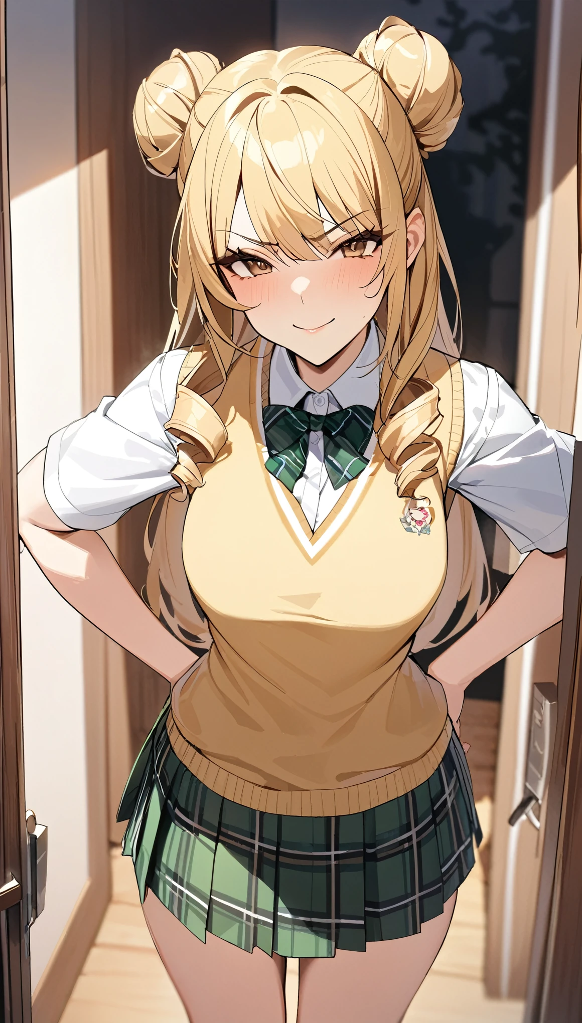masterpiece, best quality, highres, 1girl, 独奏, long hair, blonde hair, double bun, drill hair, brown eyes, , green bowtie, blazer, yellow jacket, long sleeves, plaid skirt, green skirt, standing,arms hold up, cowboy shot, outdoors, smile,masterpiece, best quality, highres, 1girl, 独奏, long hair, blonde hair, double bun, drill hair, brown eyes, school uniform, green bowtie, white shirt, sweater vest, yellow vest, short sleeves, plaid skirt, green skirt, hands on hips, Outside the door,angry,Angry expression