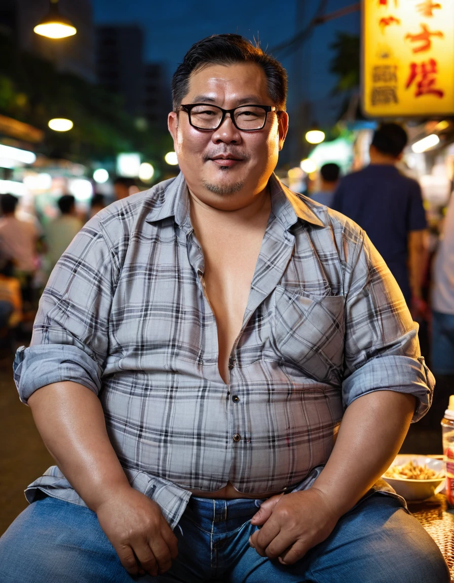 Man, Asian, 50 years old, Fat, Chubby, wearing glasses,( Put on a thin, light green plaid shirt, Unbutton the shirt ), Shirtless, wearing Jeans, sitting in the old town, looking sad, Wet, Raining, night time, beautiful lighting, Top view.