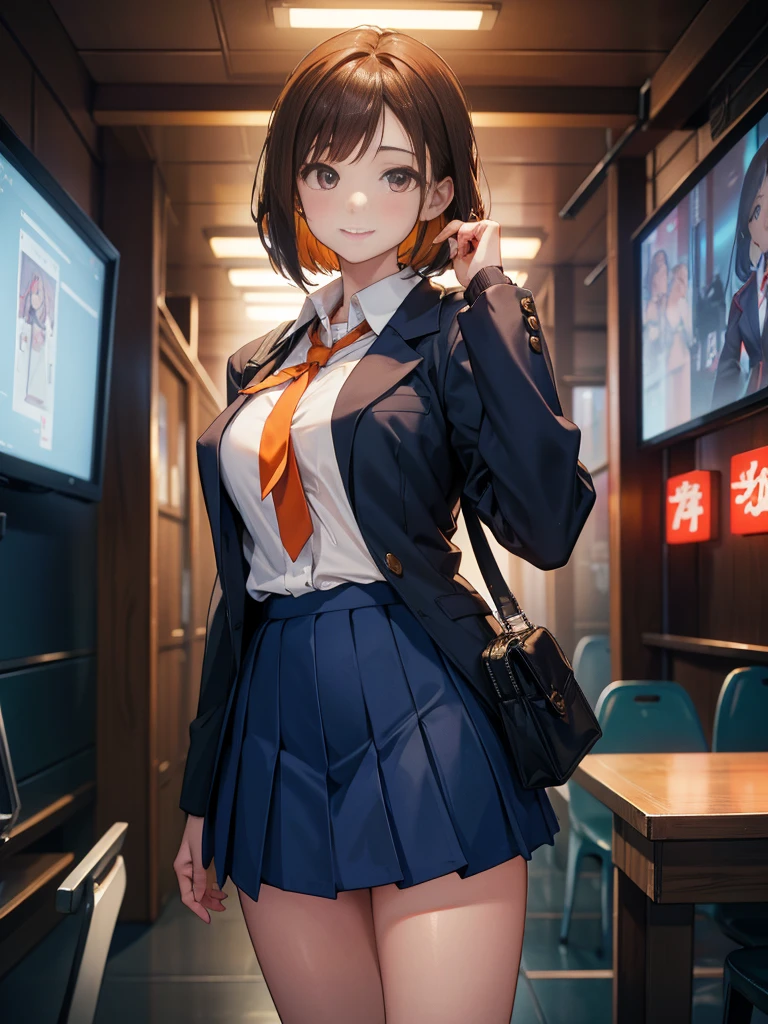 手からエネルギーを放つ一人のDroopy eyesの少女, Chestnut Hair, Bobcut,Half Up Hair,Large Breasts, smile, Droopy eyes, quiet,perspective, height: 165cm,High School Uniform,Navy Blue Blazer,White blouse,Orange ribbon tie,Gray knee-length flared skirt,Anime Style,Knee-length skirt,Healthy sex appeal,High resolution, Anatomically correct, 最High quality, corruption, detailed, High detailed, High resolutionモデル, High quality, quality, Very detaileded, 超High resolution, Textured skin, Exposed forehead,happiness, Viewfinder, smile, Multiview, A healing aura emanates from your hands
