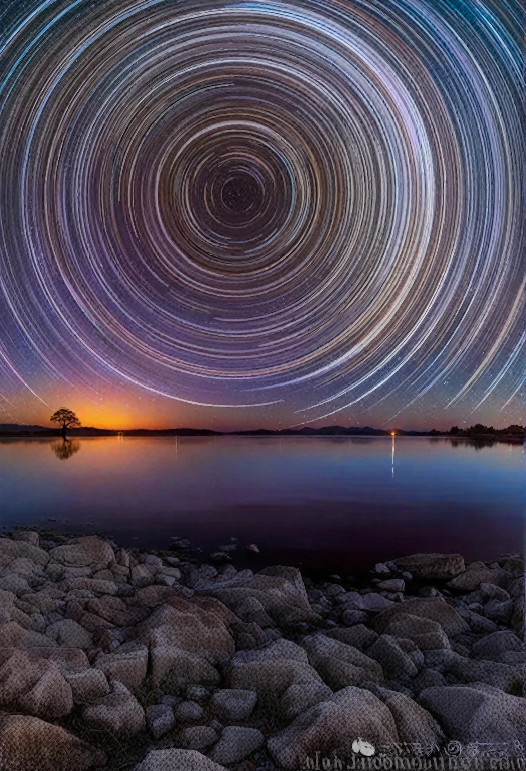 Rotating star trails, Calm lake, Rocky Shorelines, Tranquil scenery, Vibrant twilight, Silhouette Tree, Clear skies, Long-term contact, Water reflection, silence, Peaceful atmosphere, Astrophotography, Deep Depth of Field, Vibrant colors, natural scenery