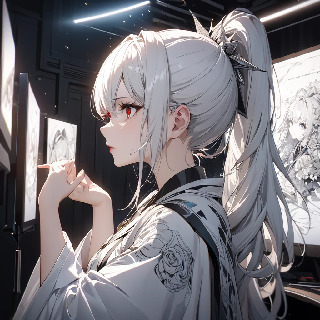Carmilla painting a self-portrait, painting a picture of herself, looking at the canvas, multiple girls