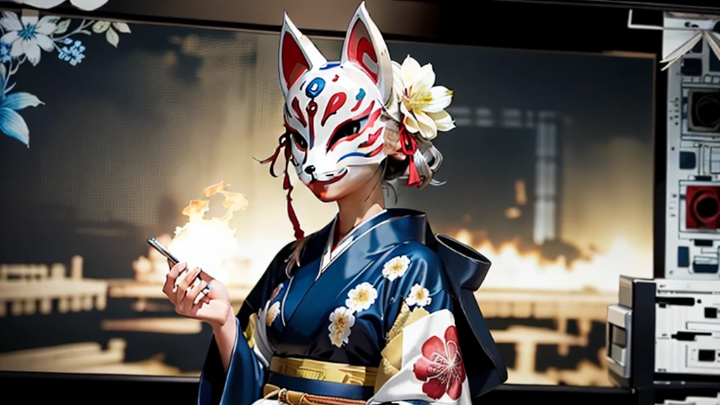 Fox Mask、Silver Hair、Blue kimono、One Girl, Official Art, unity 8k wallpaper, Super detailed, beautifully、aesthetic, masterpiece, highest quality, Realistic, (Abstract background) (zenTangle, Mandala, Tangle, enTangle background:0.7) kitsune, Fox Mask Template, Haori, Foxfire spells, Fox Familiar, conversion, Depth of written boundary, A fantastic atmosphere, The most beautiful form of chaos, elegant, Brutalist design, flowers of death, Flower Ecstasy