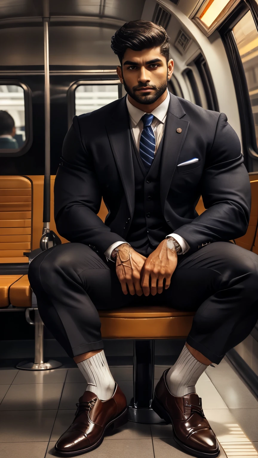 Oxford formal pointed man shoes, arafed indian man sitting in metro with his perfect big monster penis is coming out from pant in a suit and textured socks sitting on a chair, black socks, dapper, detailed shot spread legs-up, professional foot photography, grey pants and black dress pointed laces buckle shoes, stunning visual, profile image, solids, in style of ultra realistic, close-up on spread legs, detailed style, functional and elegant look, in style of realistic, striped, crisp details