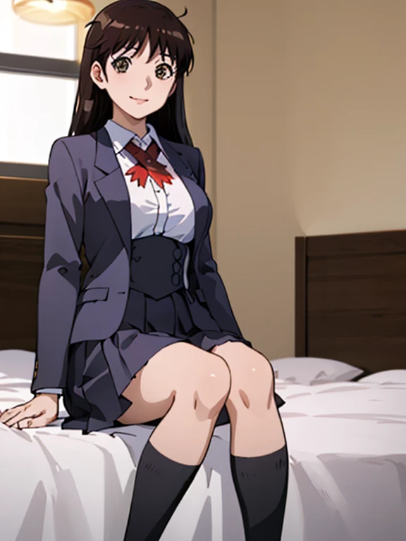 (Anime Style)、Long Hair、Black Hair、BREAK、(1 female)、20-year-old、young woman、beautiful長い脚、beautiful体、beautiful鼻、Perfect Eyes、Perfect Face、Perfect legs、Perfect balance、(beautiful、Large Breasts:1.4)、(beautiful顔:1.5)、(Small waist)、Perfect lighting、colorful、Bright front lighting、Shiny skin、 (masterpiece:1.0)、((High resolution))、((Highest quality))、(Normal hand)、(Five Fingers)、(Anatomically correct hands)、(Hold your hands correctly)、BREAK、(Sit on the bed)、Miyukina、(uniform)、(blazer)、(Best)、(Red ribbon)、(Pleated skirt)、(Knee-high socks)、(loafers)、smile