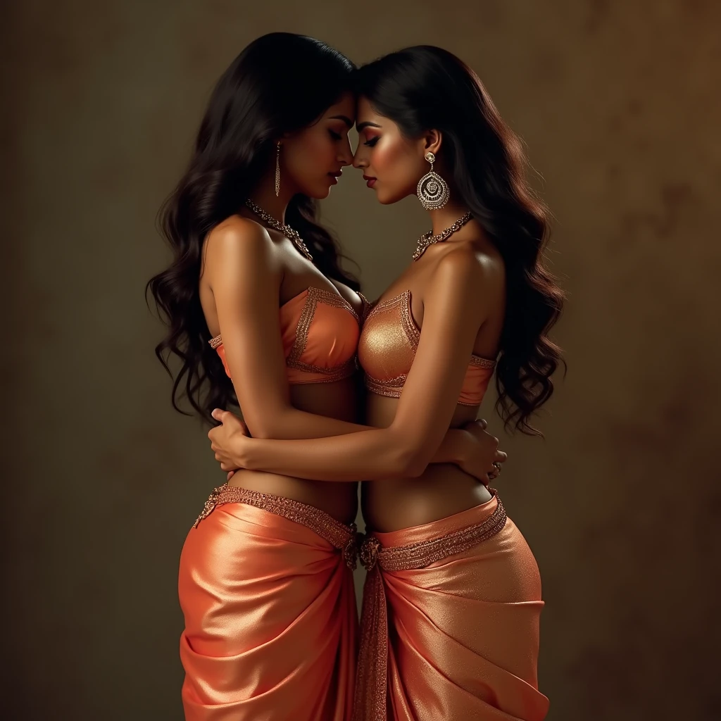 Two beautiful Indian super models wearing saree and standing face to face with with eachother pressing their body against each other's body in anger while their chest and stomach are touching and pressing with each other's chest and stomach very strongly.