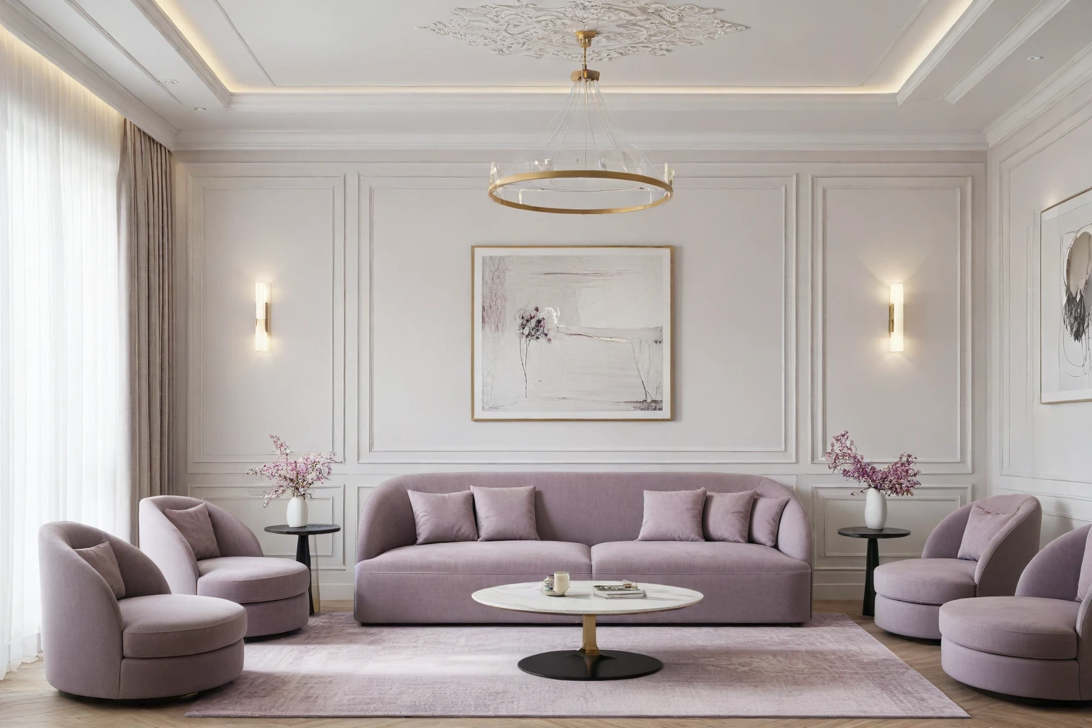 Neoclassical livingroom interior, white tone, wooden floor, gray carpet, ceiling light, light purple sofa and flower, picture, white curtain on the left, (picture:1.1), marble wall, many moldings, wall lamp,window, natural light