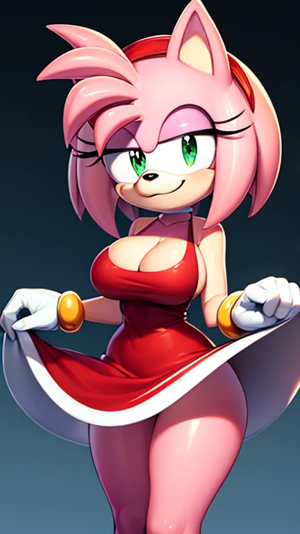 Amy Rose has large breasts and she is wearing her clasic dress and she has a cute face 