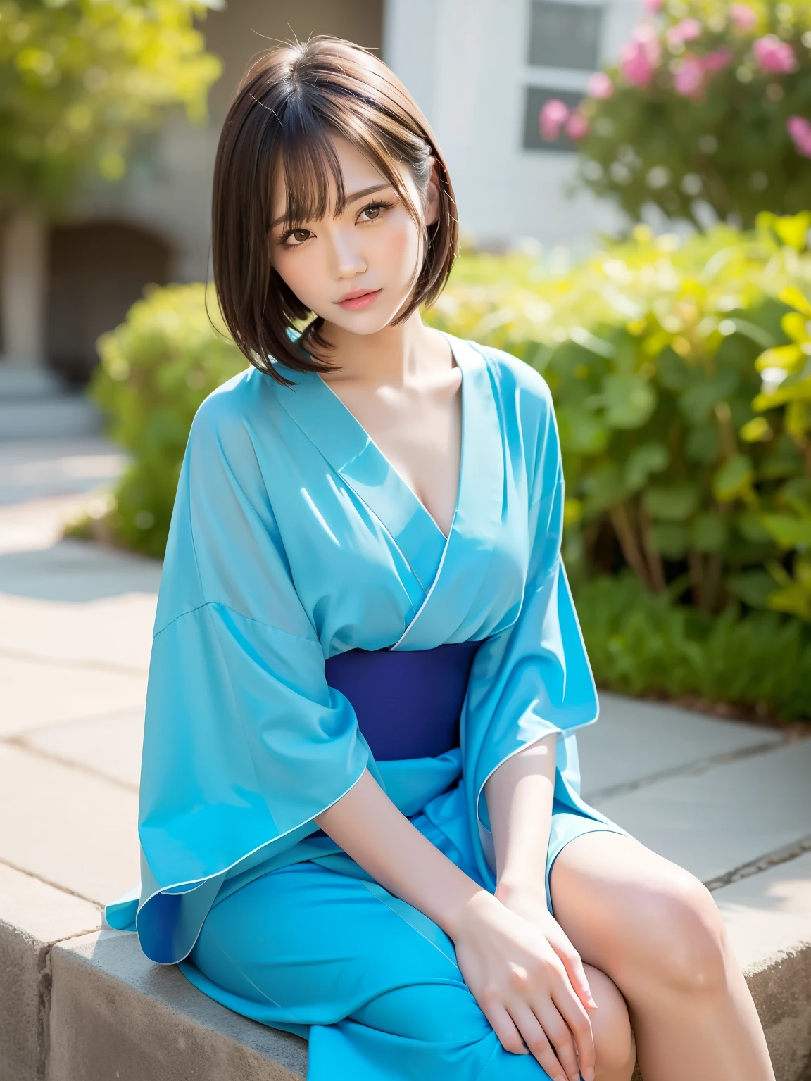 A beautiful Japanese girl is depicted。She has short black hair、Big eyes are characteristic.。The background is a fantastic color scheme based on pink and blue.、Floating spheres are placed throughout、It creates a futuristic and dreamy atmosphere.。
The beautiful girl is wearing a top made of thin, semi-transparent fabric.、The delicate sheen is reflected on the costume.。Posing with one hand on the floor、With your body leaning slightly backwards、Relaxed but looking straight into the camera、It emphasizes her presence。
As a photographic technique、It was shot in portrait mode.、By skillfully using light reflection and background bokeh effects,、It gives depth and dimension.。The overall use of soft light、Colorful bokeh in the background blends in、It beautifully expresses the ultra-realistic, live-action fantasy world.。