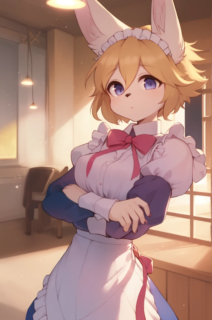 floSR, 1girl, solo, furry female, (detailed eyes, furry:1.2), focus on face, hands together, dog girl, closed mouth, :3, blue eyes, animal ears, upper body, medium breasts, animal nose, blonde hair, short hair, maid, maid headdress, frills, red bow, puffy sleeves, ultra detailed fur, ribbon, beautiful lights and shadows, volumetric light, indoors 