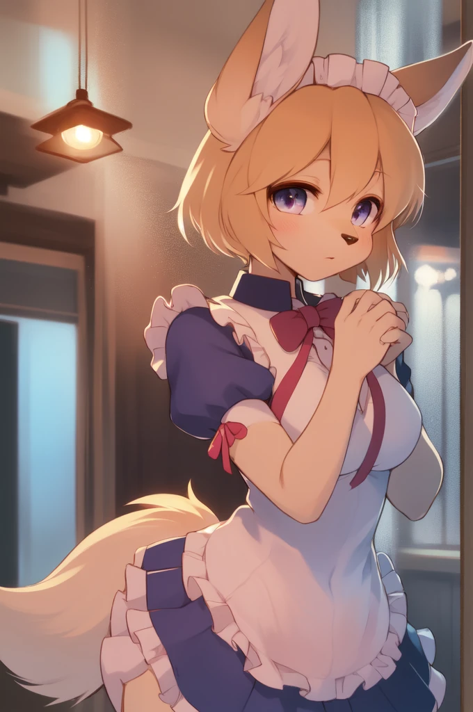 floSR, 1girl, solo, furry female, (detailed eyes, furry:1.2), focus on face, hands together, dog girl, closed mouth, :3, blue eyes, animal ears, upper body, medium breasts, animal nose, blonde hair, short hair, maid, maid headdress, frills, red bow, puffy sleeves, ultra detailed fur, ribbon, beautiful lights and shadows, volumetric light, indoors 