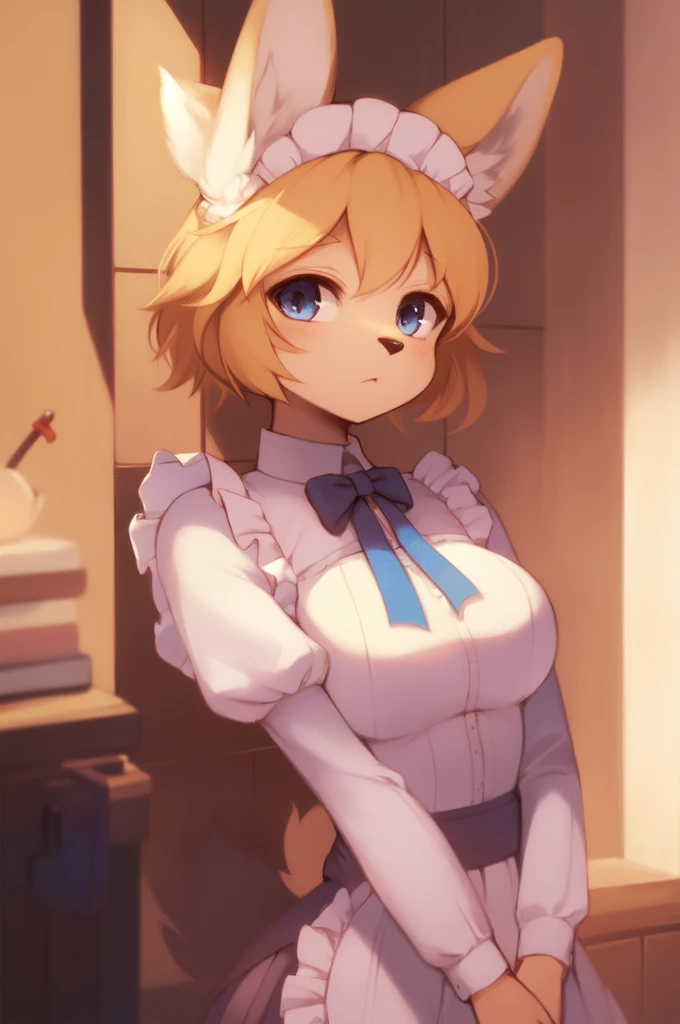 floSR, 1girl, solo, furry female, (detailed eyes, furry:1.2), focus on face, hands together, dog girl, closed mouth, :3, blue eyes, animal ears, upper body, medium breasts, animal nose, blonde hair, short hair, maid, maid headdress, frills, red bow, puffy sleeves, ultra detailed fur, ribbon, beautiful lights and shadows, volumetric light, indoors 