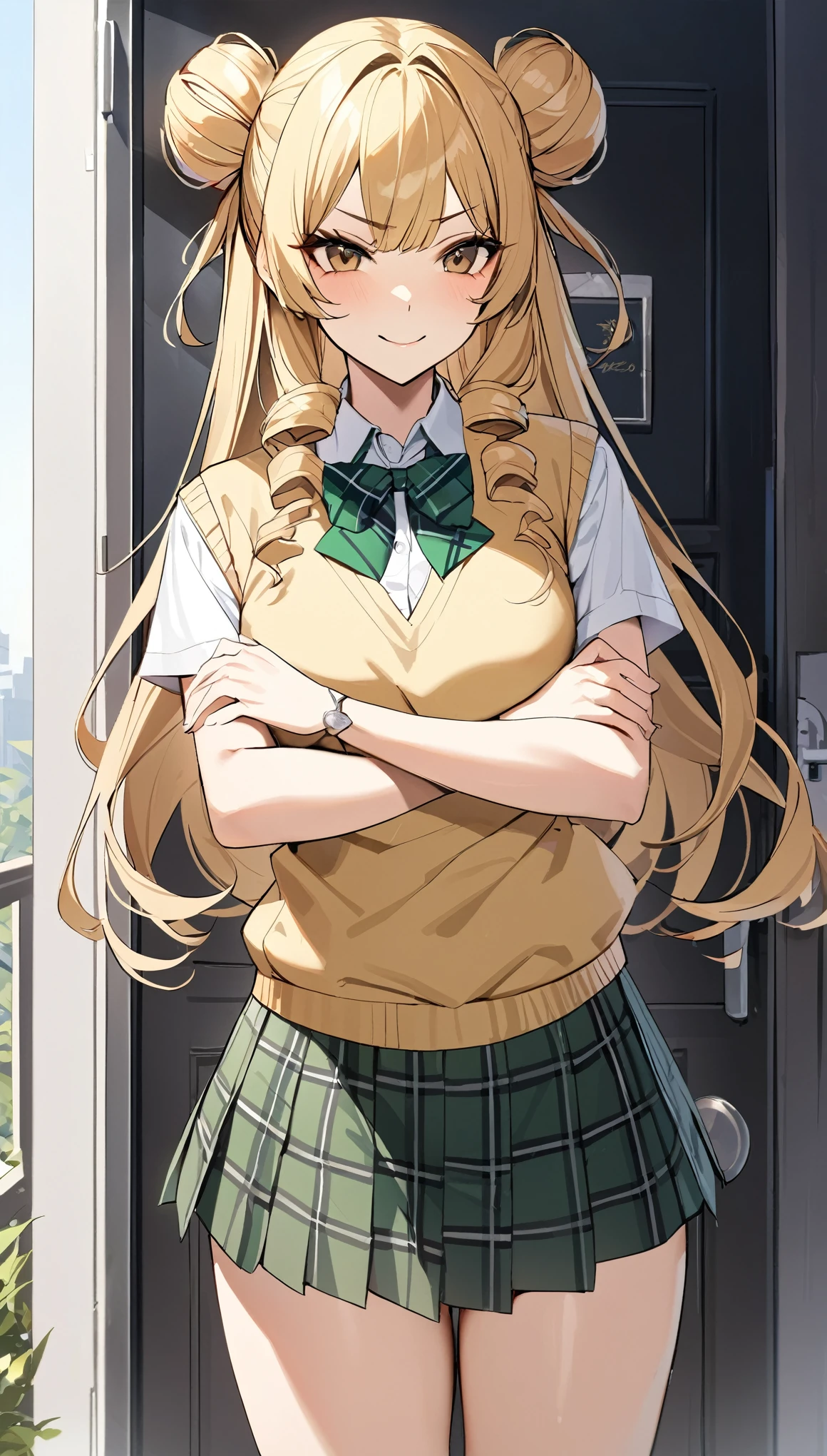 masterpiece, best quality, highres, 1girl, 独奏, long hair, blonde hair, double bun, drill hair, brown eyes, , green bowtie, blazer, yellow jacket, long sleeves, plaid skirt, green skirt, standing,arms hold up, cowboy shot, outdoors, smile,masterpiece, best quality, highres, 1girl, 独奏, long hair, blonde hair, double bun, drill hair, brown eyes, school uniform, green bowtie, white shirt, sweater vest, yellow vest, short sleeves, plaid skirt, green skirt, (((Cross your arms across your chest))), Outside the door,An expression of annoyance and anger,