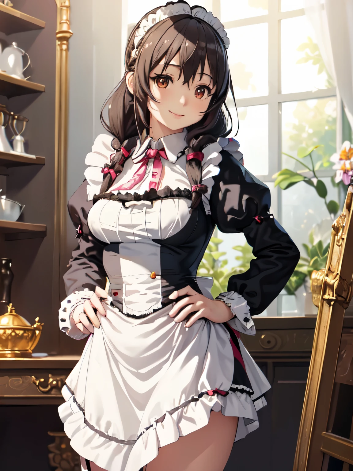 (masterpiece, Highest quality), One person,  Shooting from the front、(Anime illustration style:1.３) ,yunyun、indoor、Standing、Long Hair,Braiding,Twin tails,Hair between the eyes,Hair Ribbon,hair ornaments,Closed Mouth、Hands on hips、smile、shirt、White maid outfit、(victorian maid outfit:1.5)、Light brown eyes、Beautiful Eyes, Sharp pupils, Sharp focus, (Very detailed, bloom, Shine)、(Genuine、Realistic、Realistic)、High resolution、超High resolution,(View your viewers:1.1),Skirt lift up