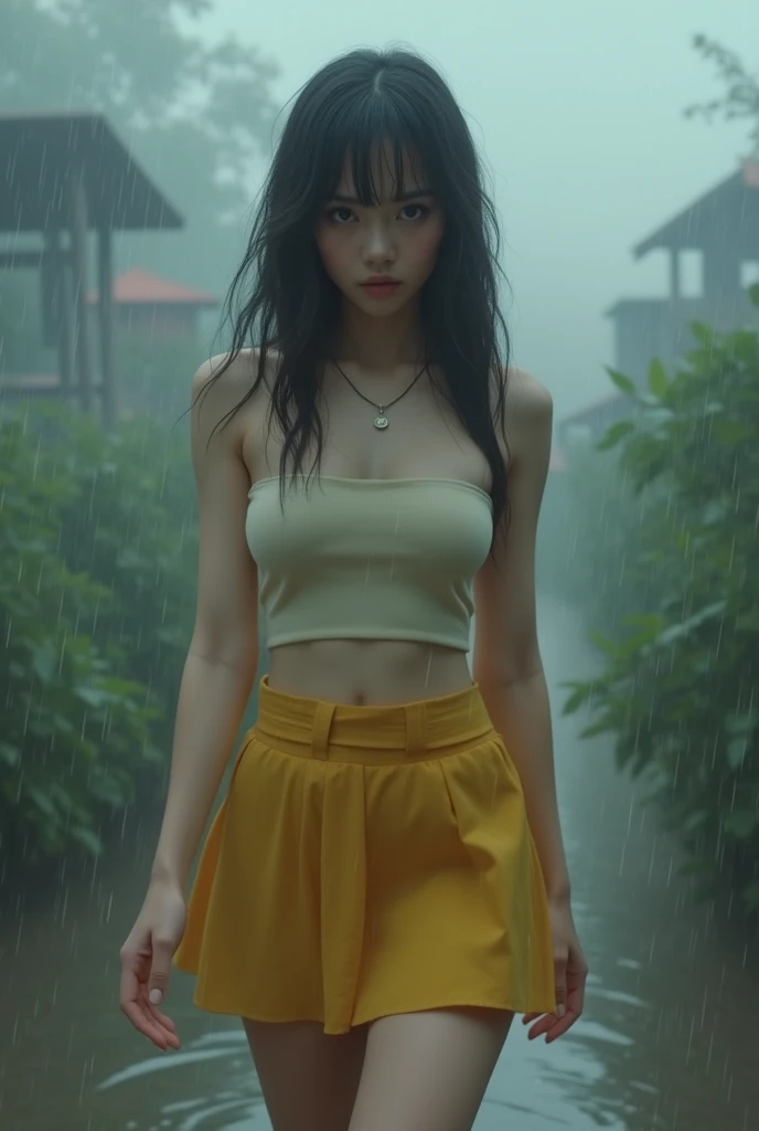 (((best quality))),(((ultra detailed))),(((masterpiece))),illustration,((1 beautiful girl,solo)),(short ponytail:1.2),((sweat,wet)),((slim,thin)),((small breasts,flat chest)),(green short-sleeved shirt:1.3),(green pants:1.2),(cyberpunk city:1.3), underwater, summer downpour, mud-covered, street corner, resilience, fierce determination,vibrant colors, mud-splattered,city chaos, marks,muck, neon lights, flooded streets, towering buildings,(pounding rain:1.3), distressed structures, determination, survival, vision, madness,((from front,upper body))