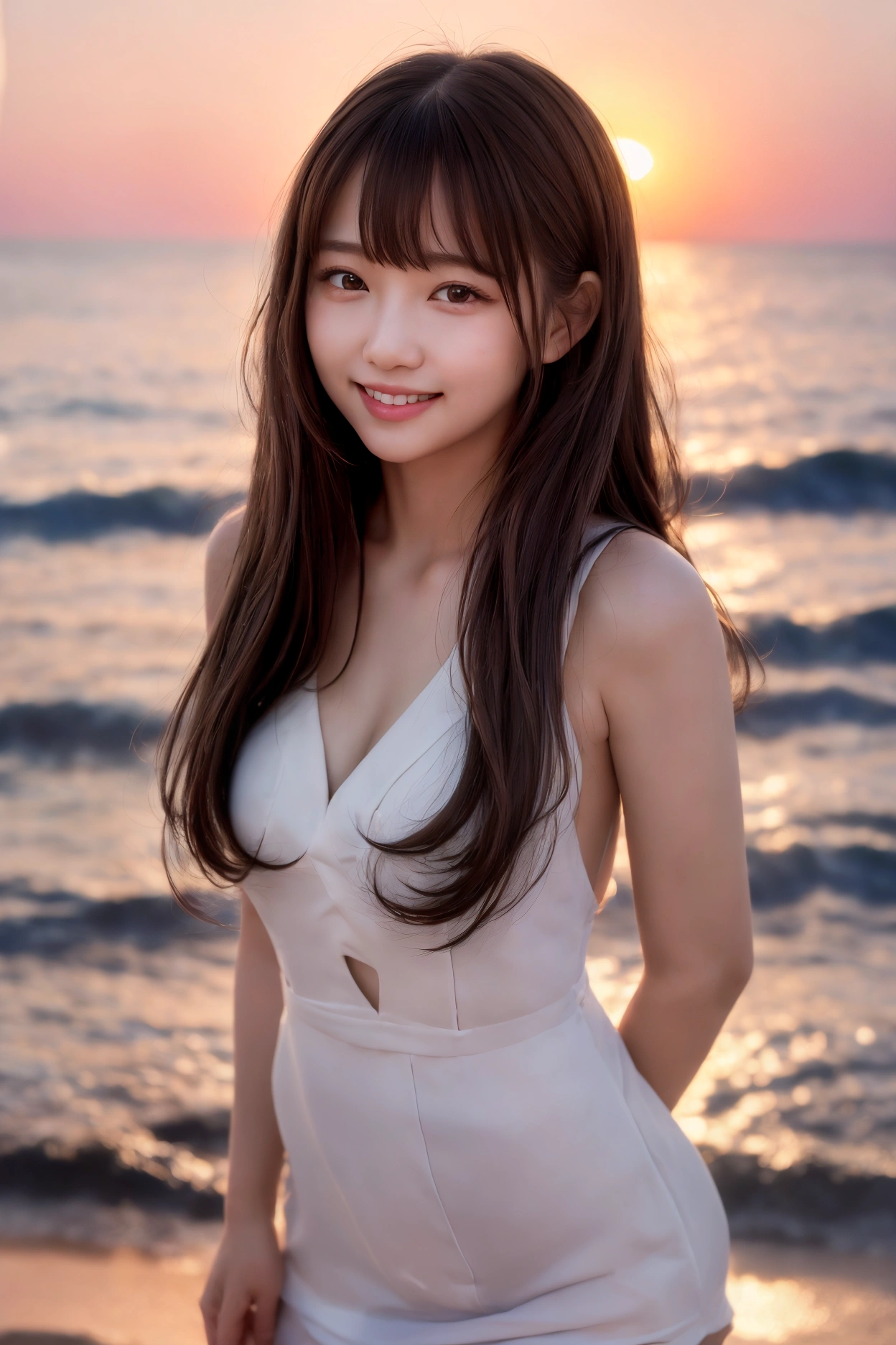 ((Highest quality, 8k, masterpiece:1.3)), bangs、concentrated:1.2, Beautiful woman with perfect figure:1.4, Stick your butt out:1.2, ((Beautiful long hair)),(Long white legs:1.3) ,((masterpiece)),(((Highest quality))),A low-angle shot that highlights her slim thighs:1.5,、Long Hair、bangsがある、A girl is standing on the beach、Not a deep collar、Fully clothed、Posing cheerfully in the sunset、Her face realistically displays affection and fascination。