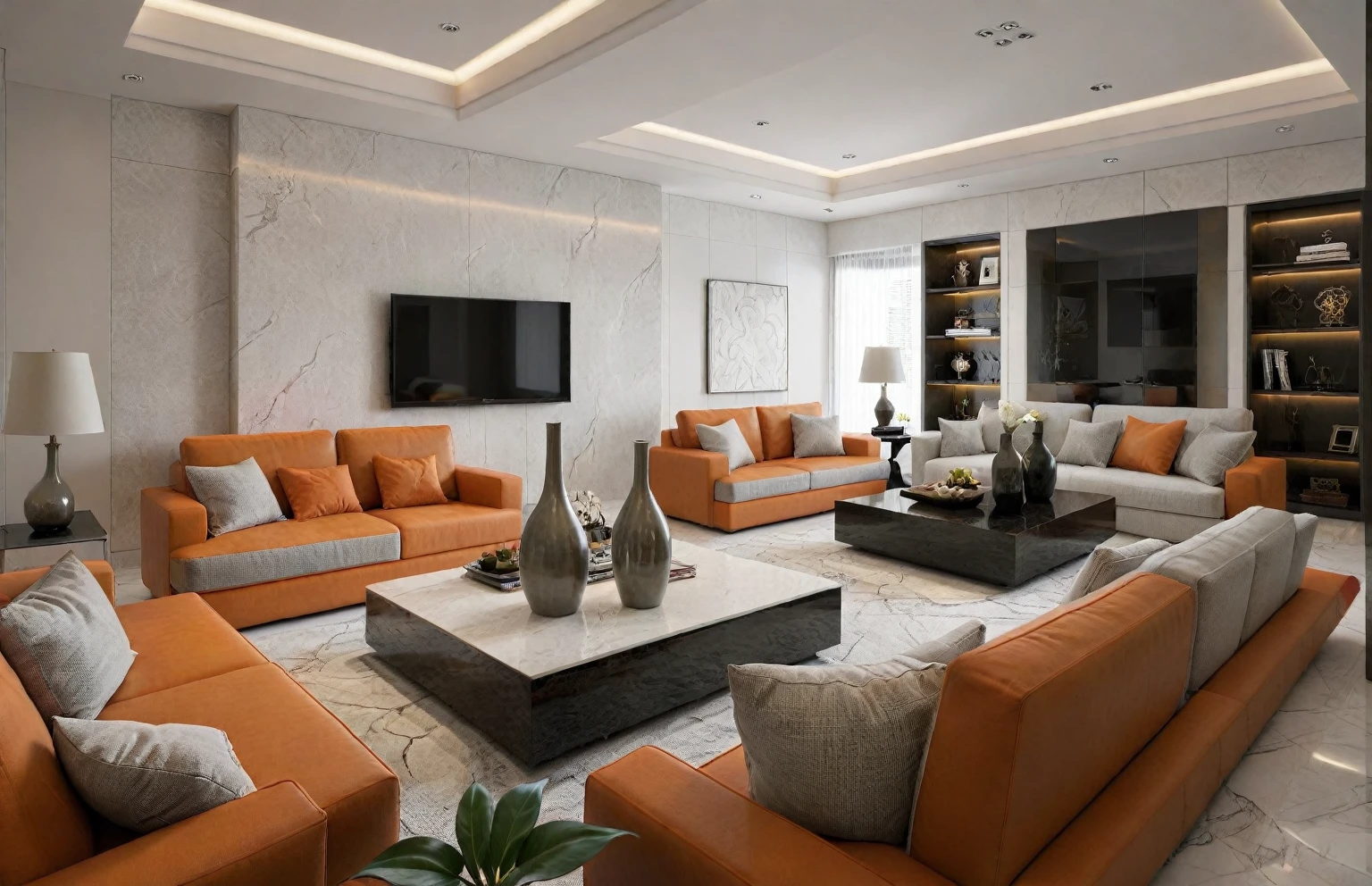 (RAW photo, masterpiece, best quality,ultra-detailed, extremely delicate and beautiful, highresolution, best shadow:1.1), modern living room, bright sofa, reflective floor, shag carpet, tv, marble wwall, orange pillow, book shelf, ceiling light, wwhite ceiling, plant and flower, interior lighting, 
realistic lighting