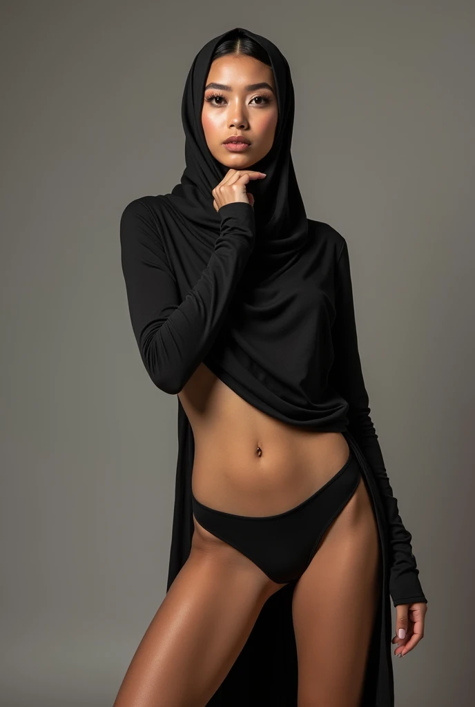 1 linda mulher, usando apenas um niqab transparente, corpo inteiro, melhor pose para foto