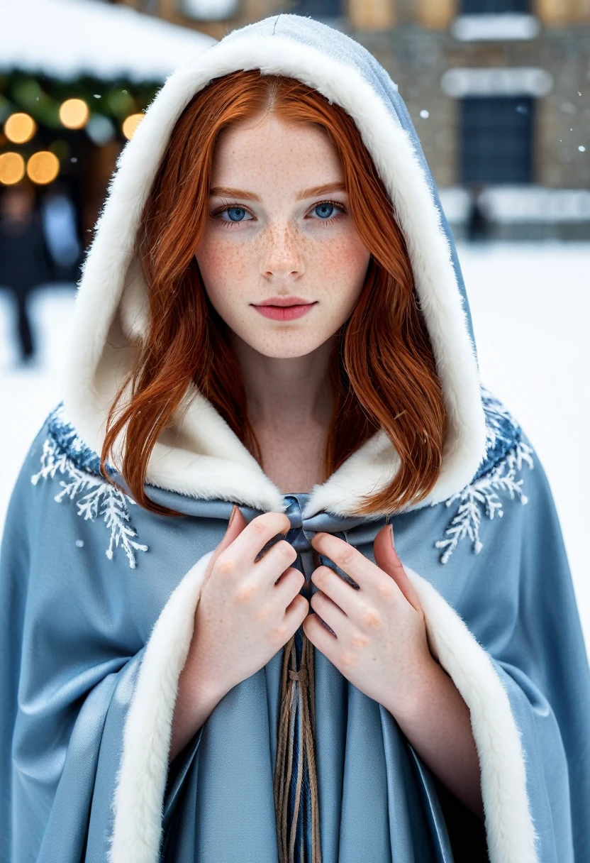 photograph of a cute tween girl opening her dress to show her bare chest and cute perky firm boobs and sexy nipples nsfw, red hair, pale skin, detailed skin,cute freckles,freckles, blush, innocent,  and youthful face, silver blue eyes, wearing a cloak, city christmas festival, snowfall, Porta 160 color, shot on ARRI ALEXA 65, bokeh, sharp focus on subject, shot by Don McCullin, nsfw, (natural skin texture, hyperrealism, soft light, sharp), (perfect round eyes:1.3), Capture the essence of her beauty, Enrich the composition with soft, diffused natural light that accentuates the textures and colors, creating a timeless and culturally rich image,(photorealism,hyperrealism,hyper realistic photography,real life photo,award winning photography,beautiful and delicate photo)