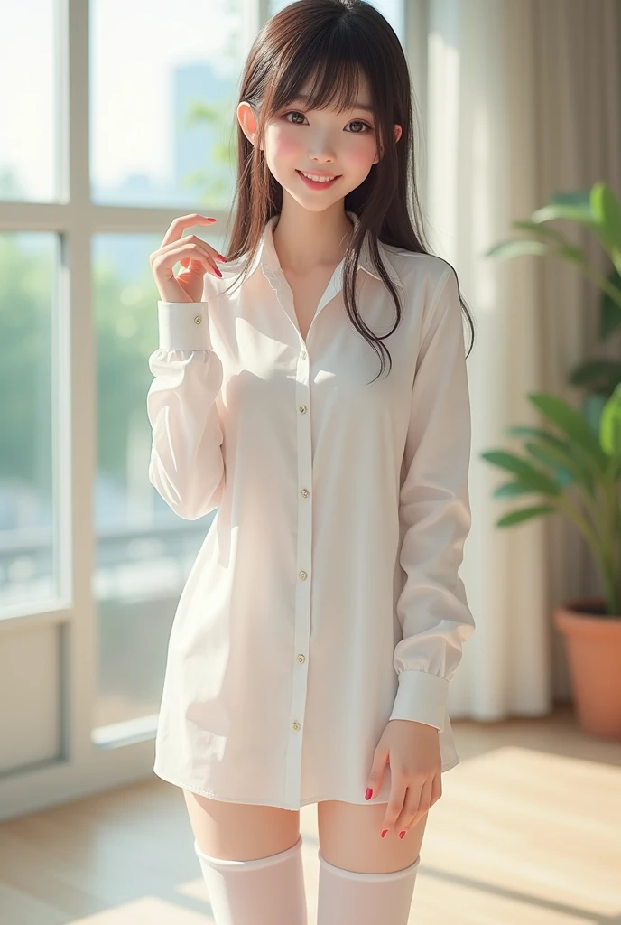 One-piece shirt、Larger shirt、nffsw_Shirt_nopants, ,8K, (A y),cute little,(realisitic:1.1), (Photorealsitic:1.1), (​masterpiece:1.1), (top-quality:1.1), Raw photography, hight resolution, ultra-detailliert, high-definition RAW color photography,professional photograpy,​masterpiece, top-quality,realisitic,realskin,1girl in,Low_keys,独奏,illuminating,length hair,Bedrooms、Evening glow,sunrises,evening,
beautiful finely detailed eyes、(blush of the nose)、(sitting on)、
(详细的脸:1.2)、Extremely beautiful face、