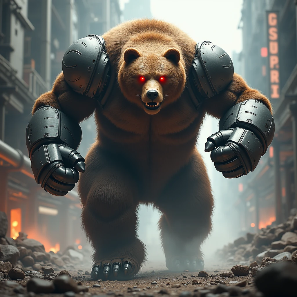 a gigantic brown bear with two mecha metal arms standing confidently on two feet, rising head, muscular body, boxing pose, superhero vibe, one metal robot red eye and one yellow eye, glowing eyes, industrial city background, dramatic lighting, high contrast 